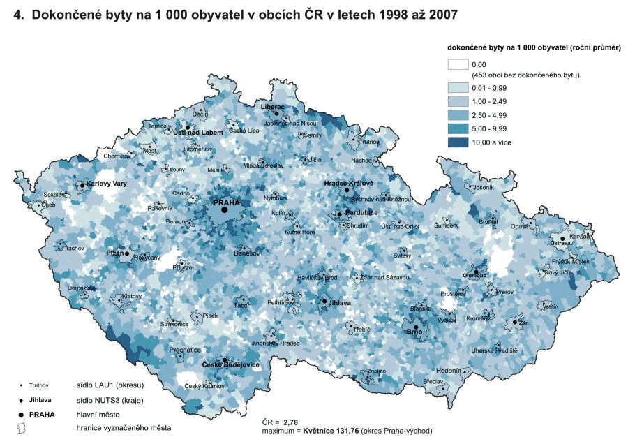 Kartogram 4. Dokončené byty na 1 000 obyvatel v obcích ČR v letech 1998 až 2007